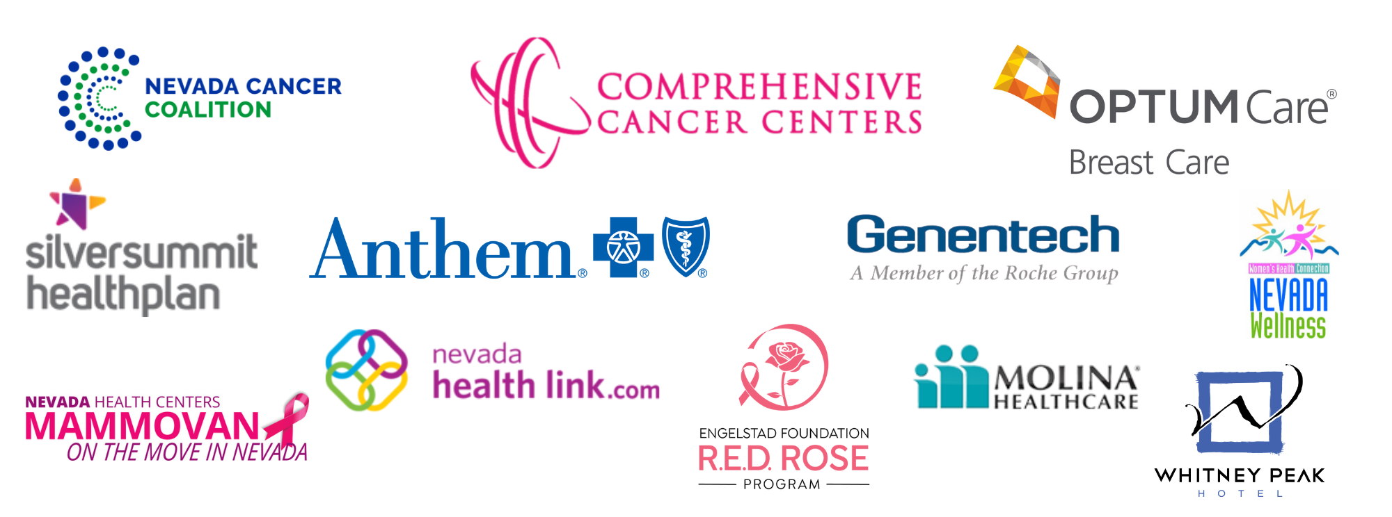 Paint Nevada Pink sponsor logos: Nevada Cancer Coalition, Comprehensive Cancer Centers, Optum Care Breast Care, SilverSummit Healthplan, Anthem Blue Cross Blue Shield, Genentech, Nevada Women's Health Connection, Nevada Health Centers Mammovan, Nevada Health Link, Engelstad Foundation R.E.D. Rose Program, Molina Healthcare, Whitney Peak Hotel