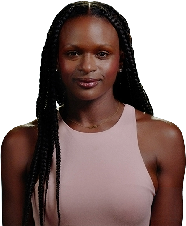 a woman with long braided hair wearing a sleeveless light pink top