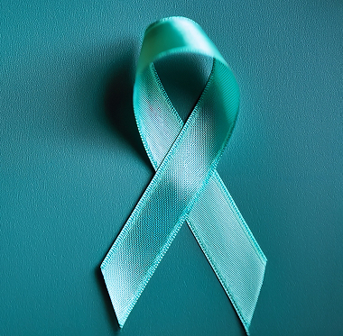 teal ribbon on a matching textured background symbolizing awareness and support for cancer