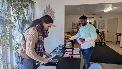 Amanda Thurston and Mohit Mittal, part of the first cohort of the Department of Nutrition’s online 18-month Master of Science in nutrition dietetics specialization program, test the Dietary Approaches to Stop Hypertension (DASH) diet recipes for acceptability at the Catholic Charities food pantry in Sun Valley, Reno, as part of their internship training to become registered dietitian nutritionists. Photo by Angeline Jeyakumar.